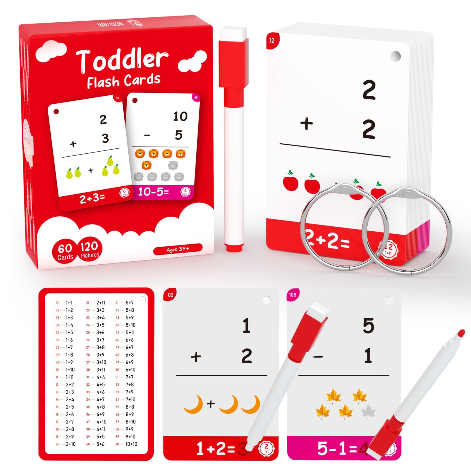 60Cards, 120 Pictures Math Flash Cards for Kindergarten,1ST, 2ND, 3RD Grade, …