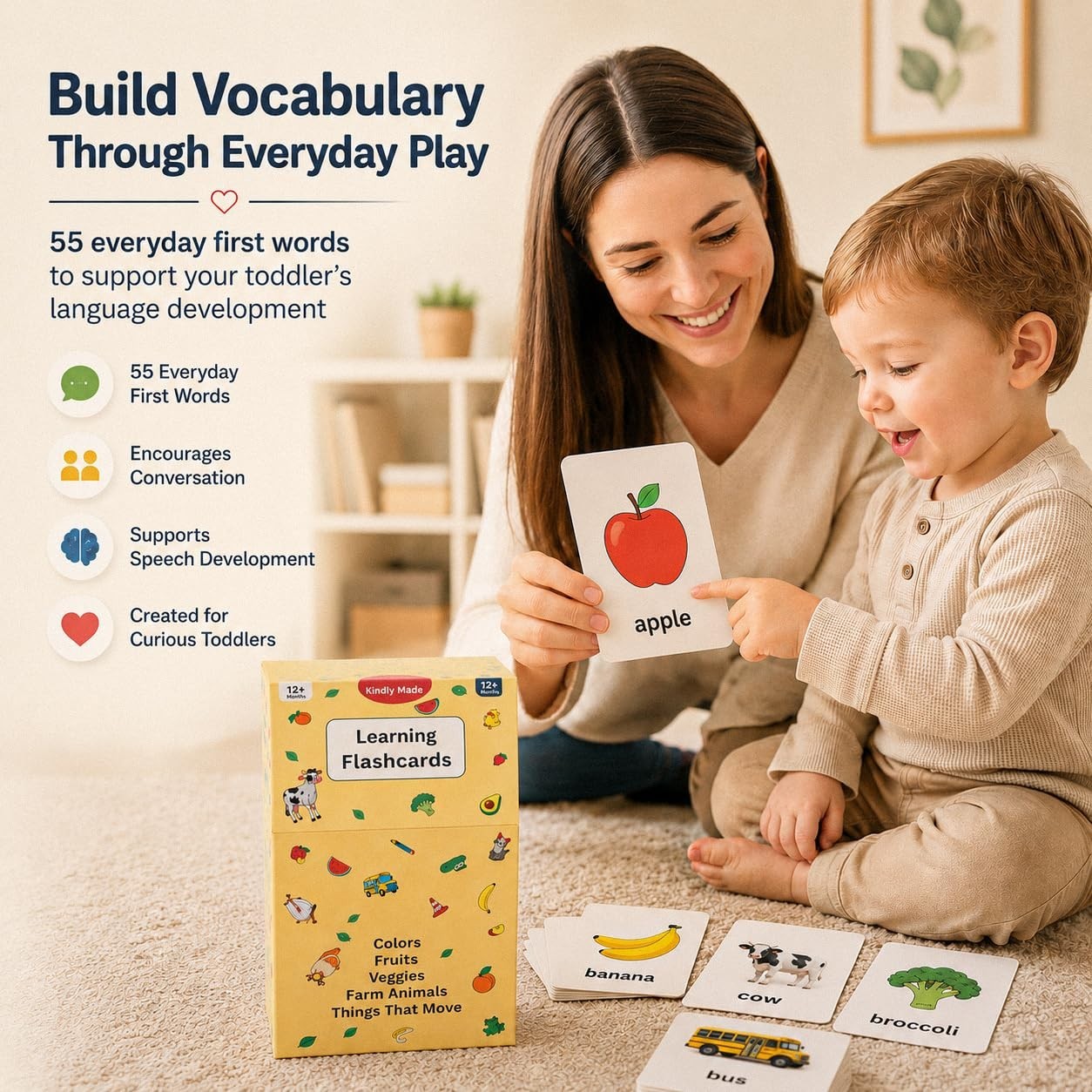 Durable Flash Cards for Toddlers 1-3 – 55 Learning Cards, First Words, Montessor