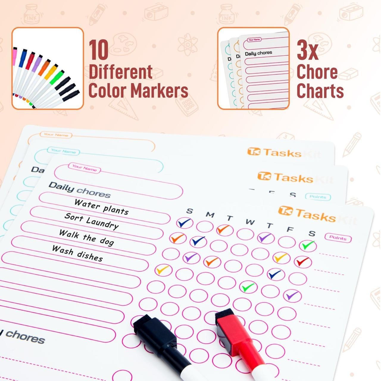 Magnetic Chore Chart for Kids Set of 3 with 10 Dry Erase Markers Personalized