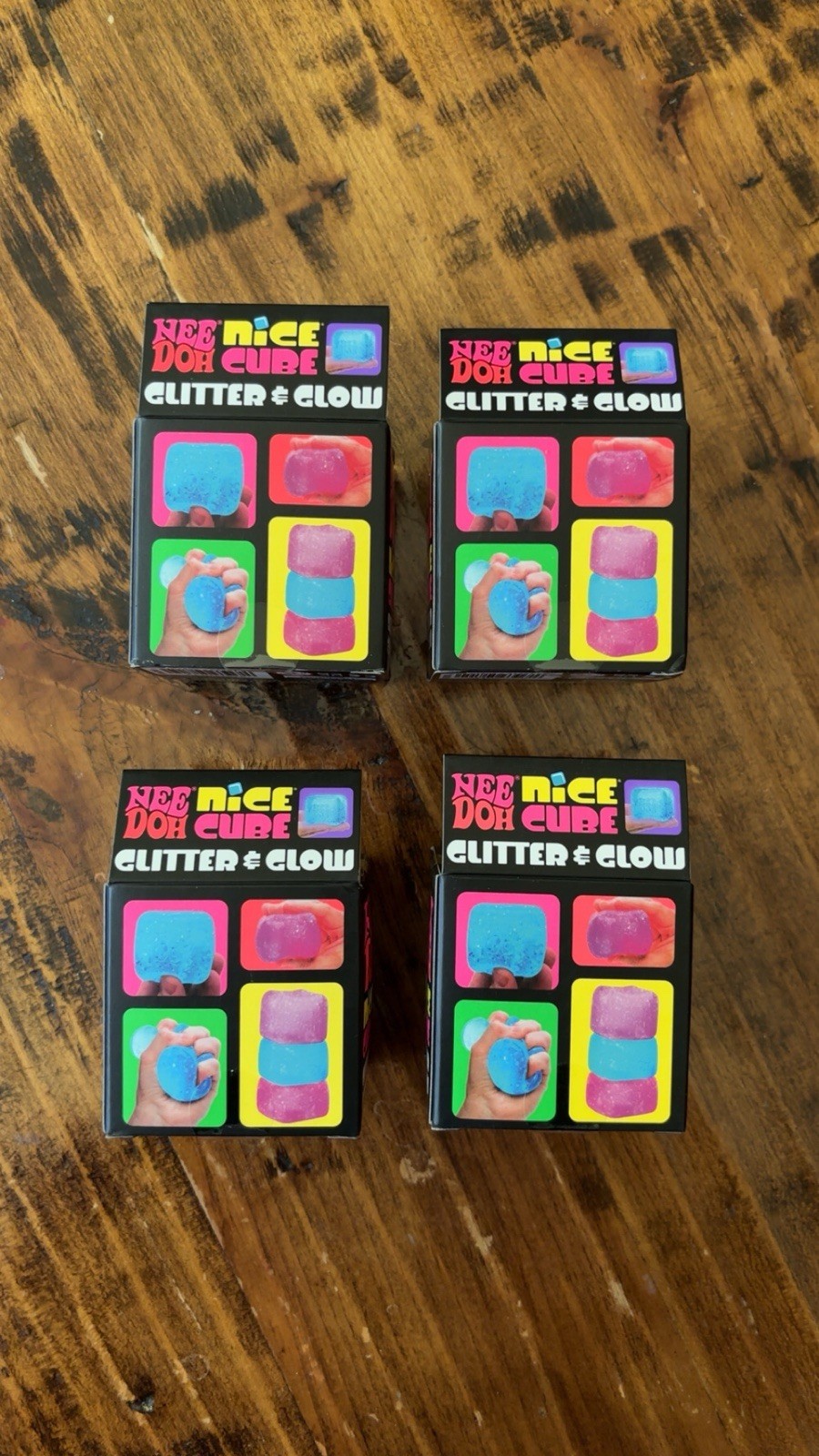 Lot of 4 NeeDoh Nice Cube Glitter & Glow squishy Squish Toy Schylling