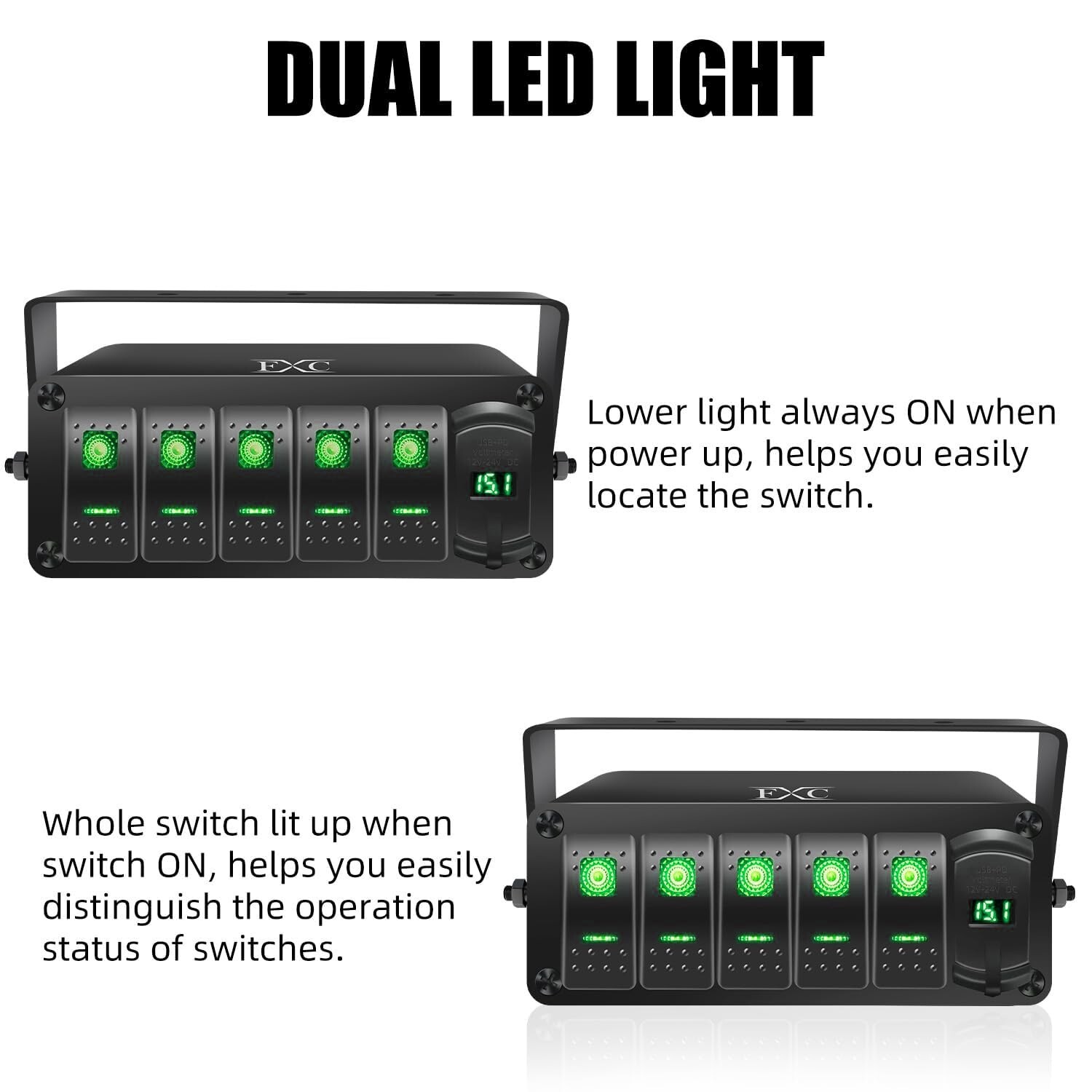 FXC 5 Gang Aluminum Rocker Switch Panel Green Backlit with PD Type C and QC 3…