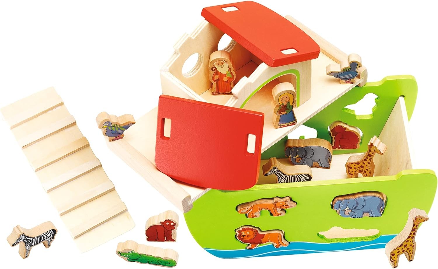 Wooden Noah’s Ark Multi-Colour Shape Sorter Toy with 16 Colourful Animal Shapes