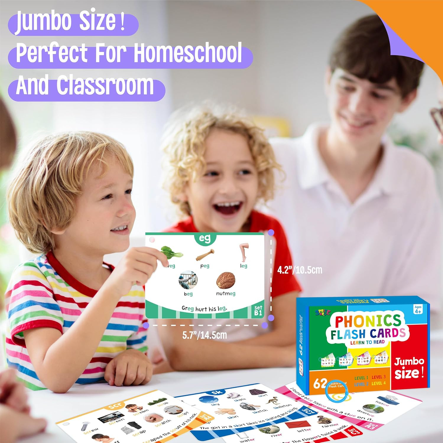 Phonics Flashcards, 120 Phonics 62 Double-Sided Cards – 20 Phonic Group Sets CVC