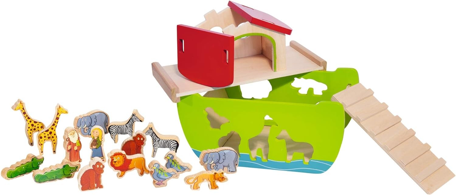 Wooden Noah’s Ark Multi-Colour Shape Sorter Toy with 16 Colourful Animal Shapes