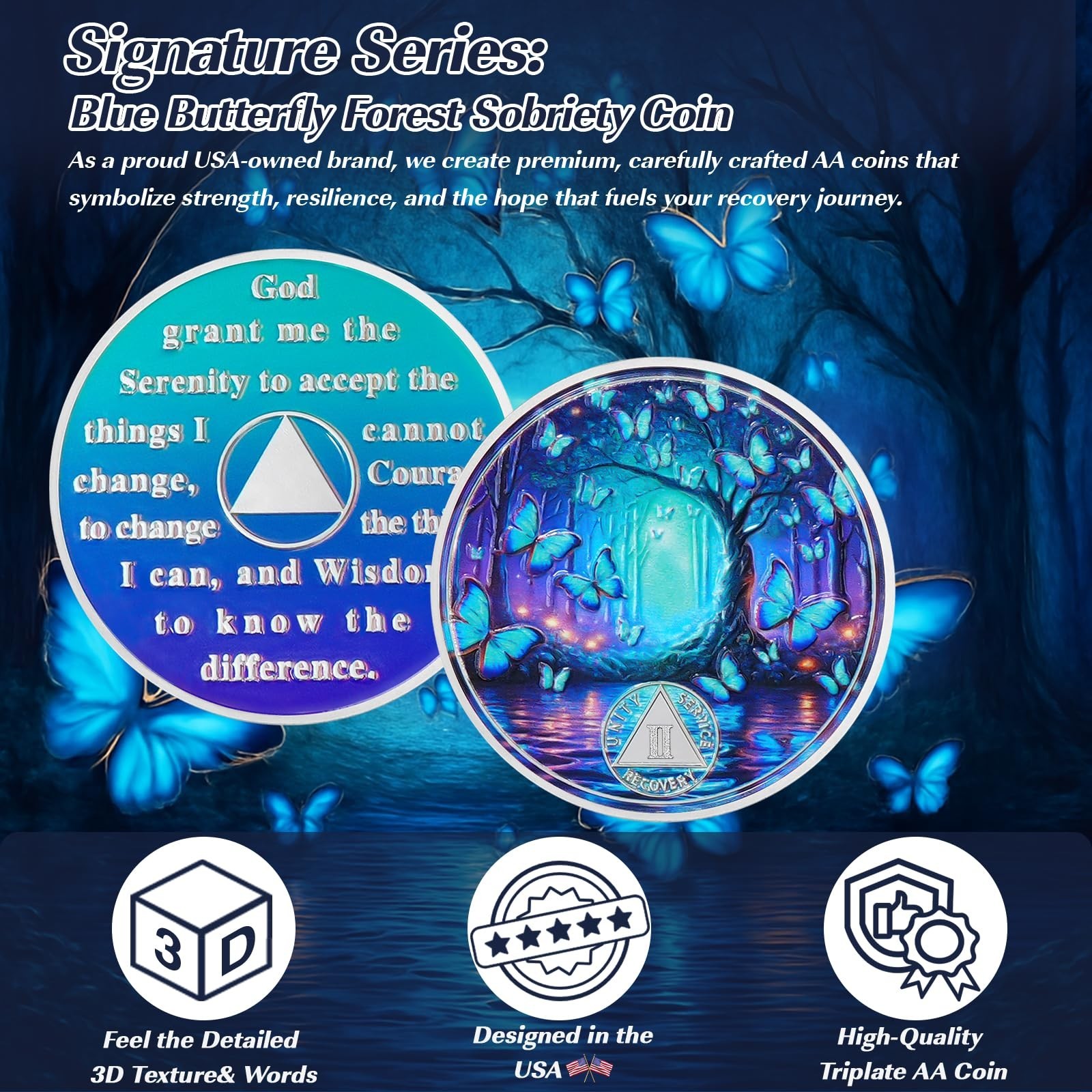 Butterfly Forest 2 Year Sobriety Coin, Affirmation AA Coins, Addiction Recove…