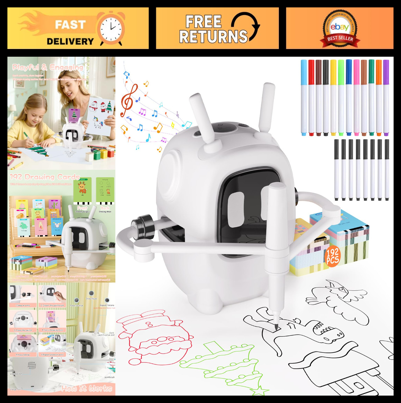 Interactive Drawing Robot for Kids – 192 Cards, Educational Art Toy for Ages 3+