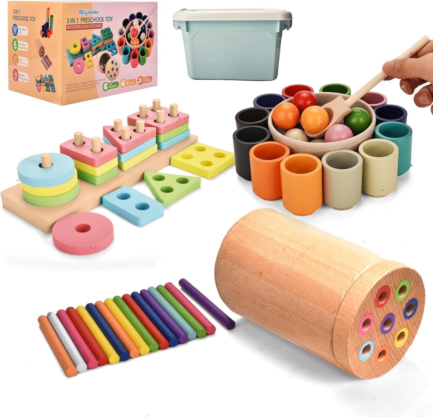 Montessori Toys for 1-3 Year,3 in 1 Wooden Learning Fine Motor Skills Toys Rainb