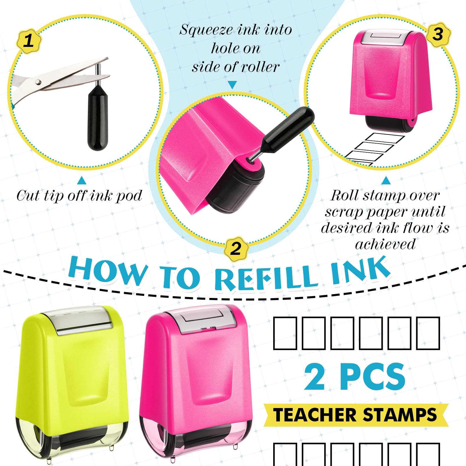 2 PCS Teacher Stamps Square Grids Frames Roller Stamp Self Inking Refillable