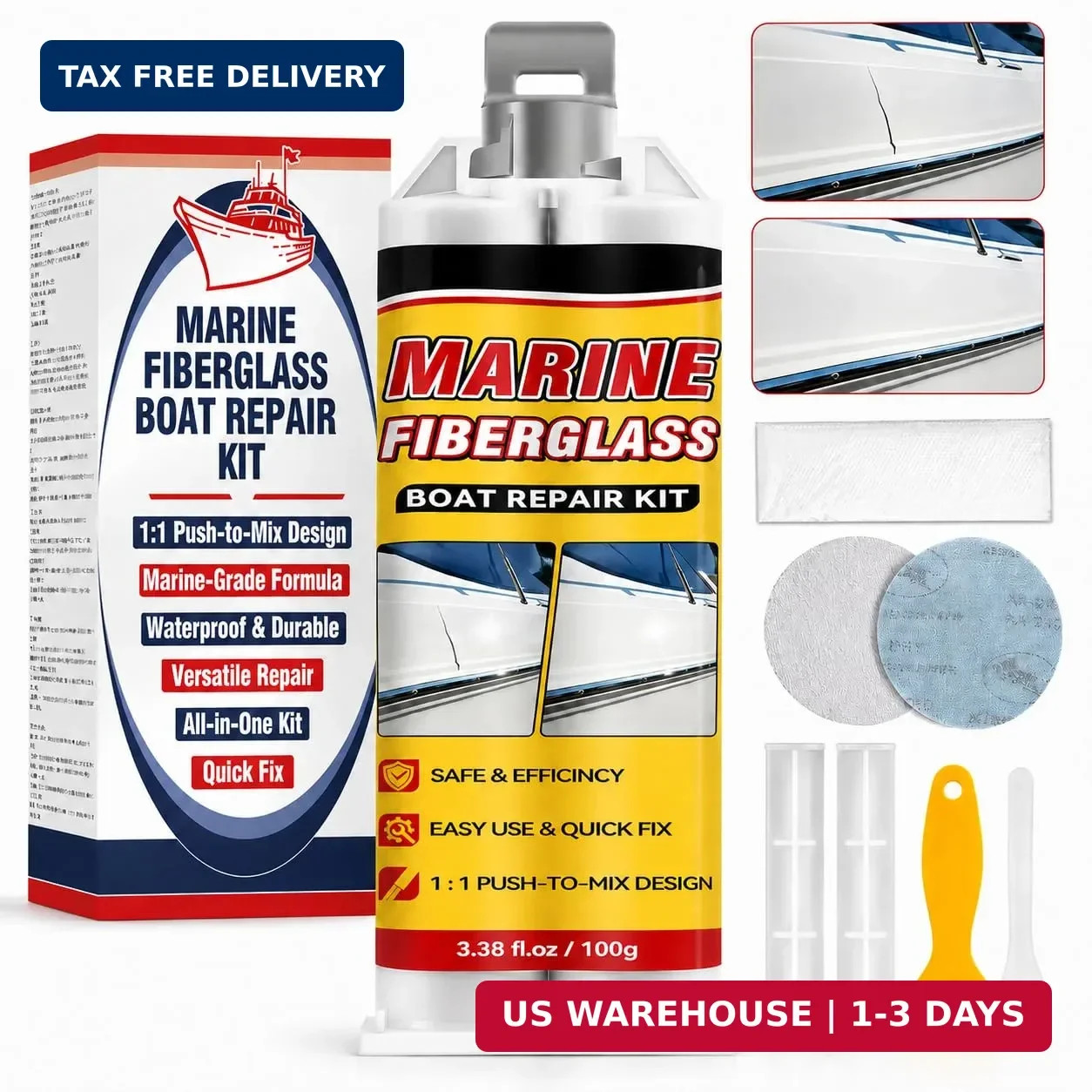 Marine Fiberglass Repair Kit for Boats, Gelcoat Repair Kit for Boats with Waterp