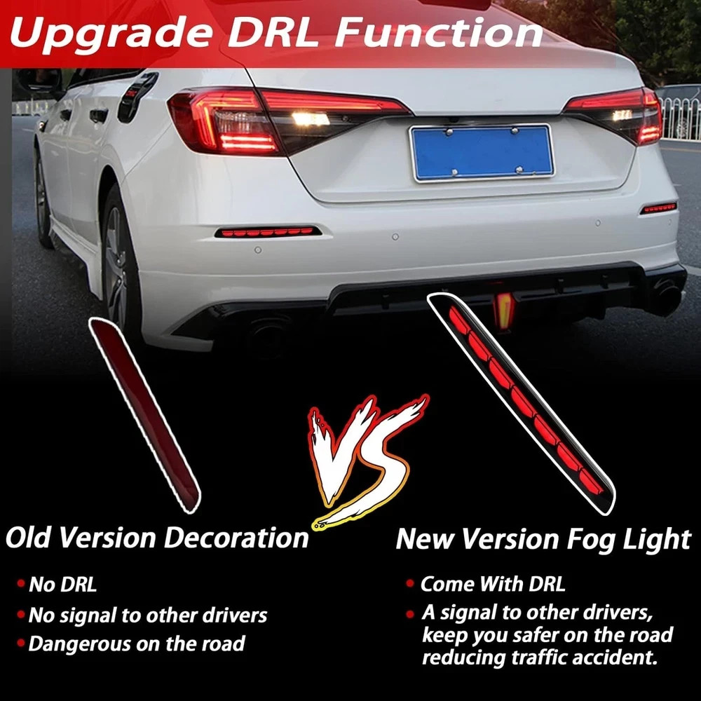 Red Housing Full LED Rear Reflector Fog Bumper DRL Kit for Honda Civic 11th 2…