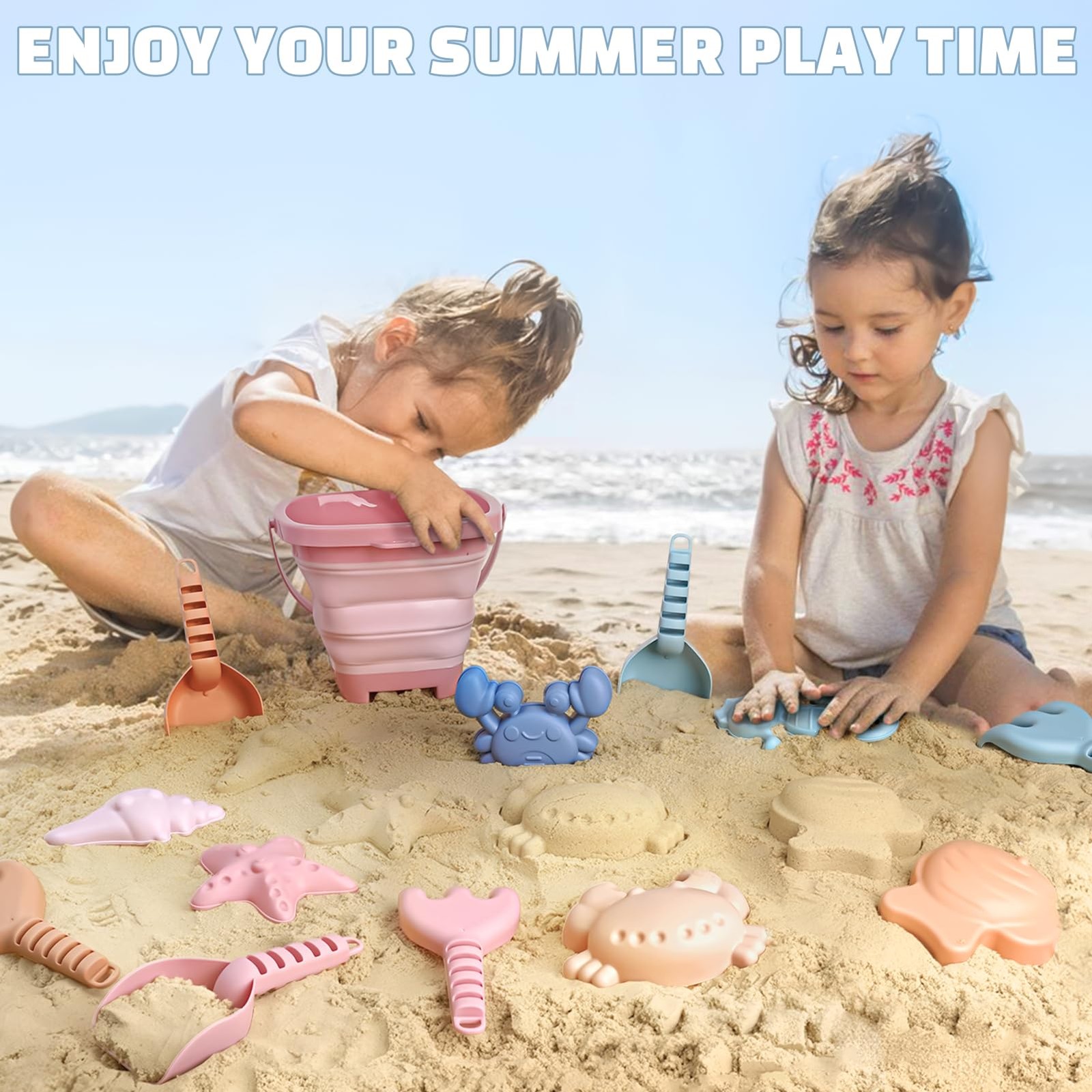 Dreamon Beach Toys Set for Kids 3-10, Collapsible Compact, Pink/Orange/Blue