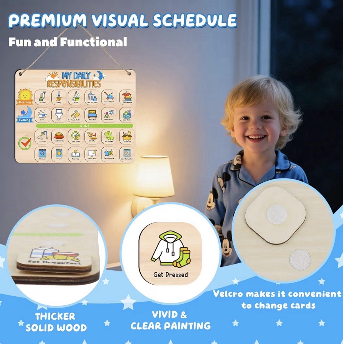 Kids Daily Responsibility Chart Wooden Morning & Bedtime Routine Board
