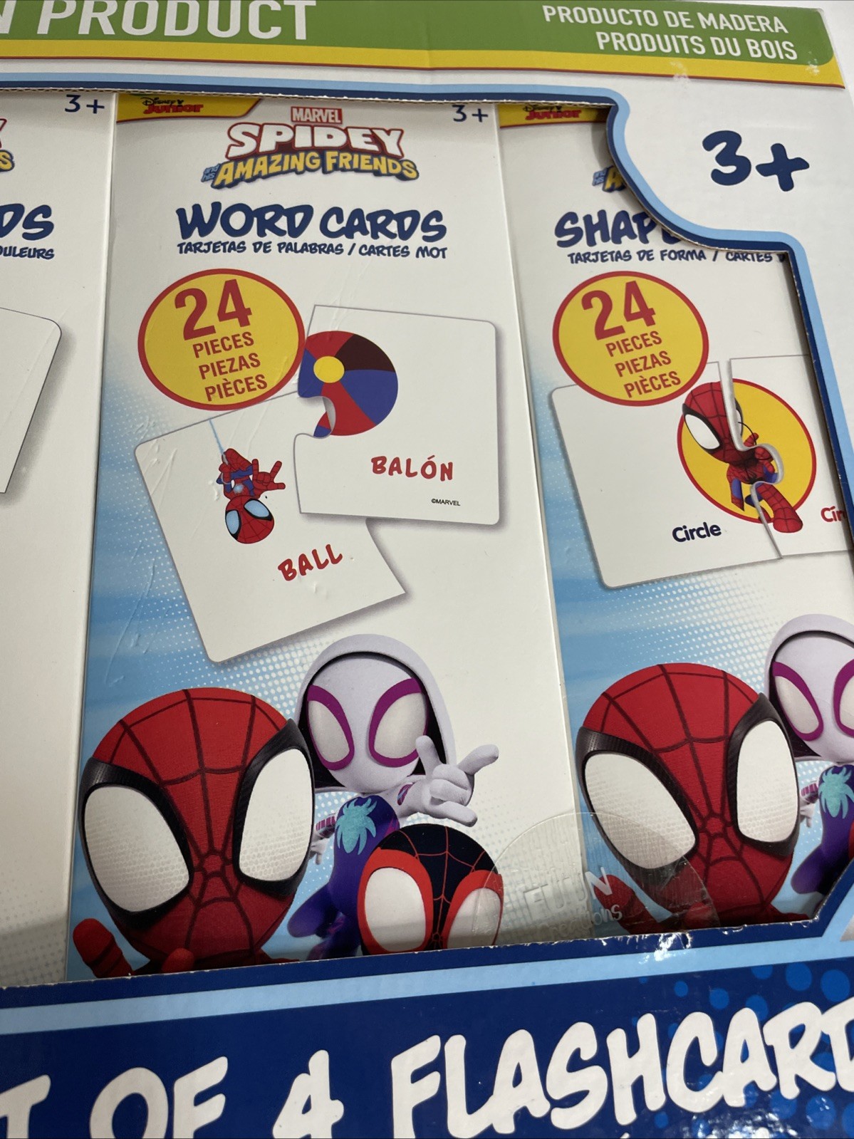 Spider-Man Disney Wooden Flashcards Set 4 Colors Numbers Words Shapes, 96 Pcs