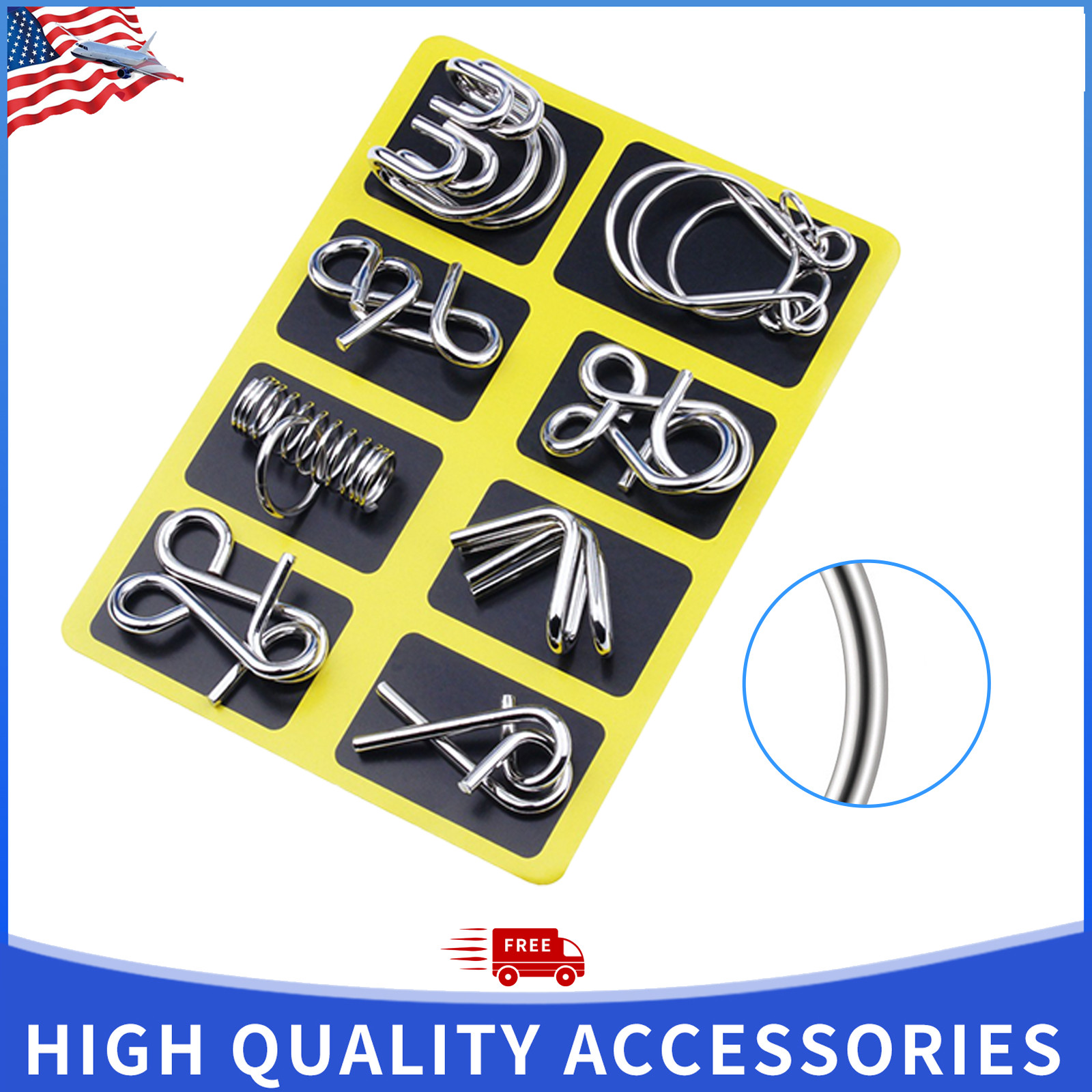 8PCS Metal Wire Puzzle Set Yellow Brain Teaser Toy Educational Gift