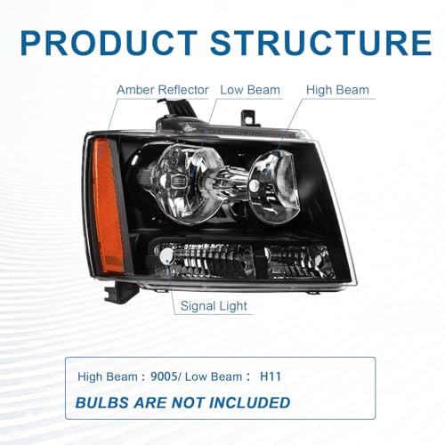 Headlights for 2007-2013 Chevy Tahoe Avalanche Amber Reflector & Black Housing