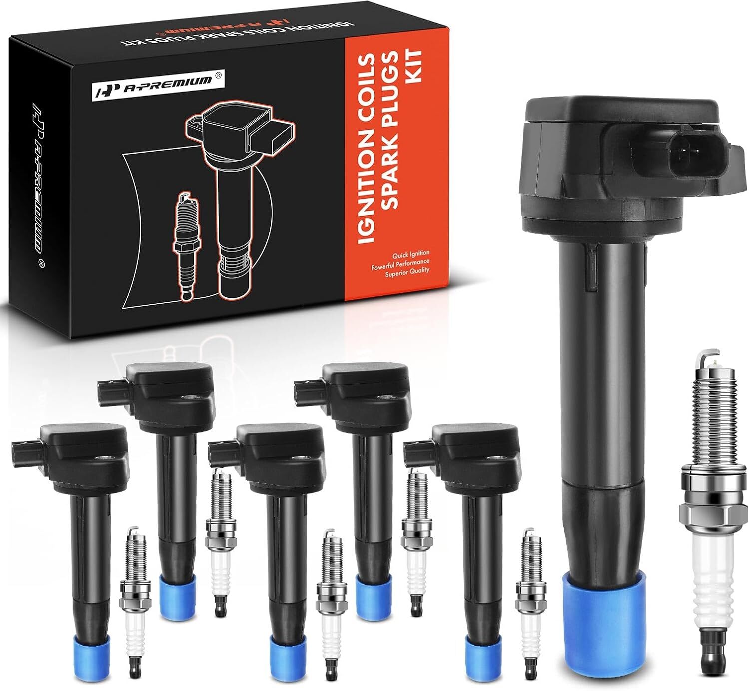 Black APM Set of 6 Ignition Coil Pack and Iridium Spark Plugs Compatible