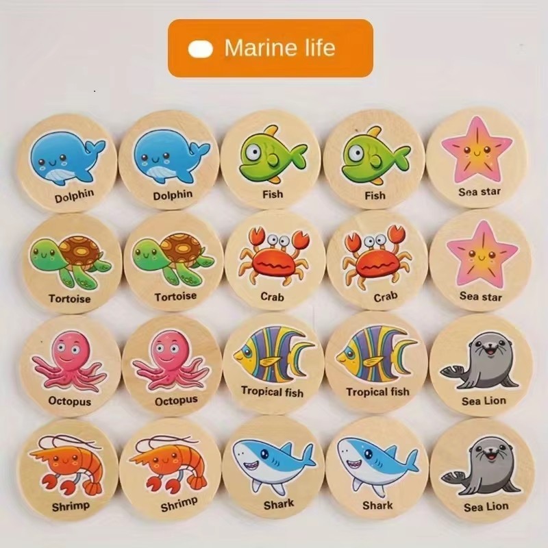 Montessori Wooden Memory Game Kids Cognitive Animal Fruit Matching Educational