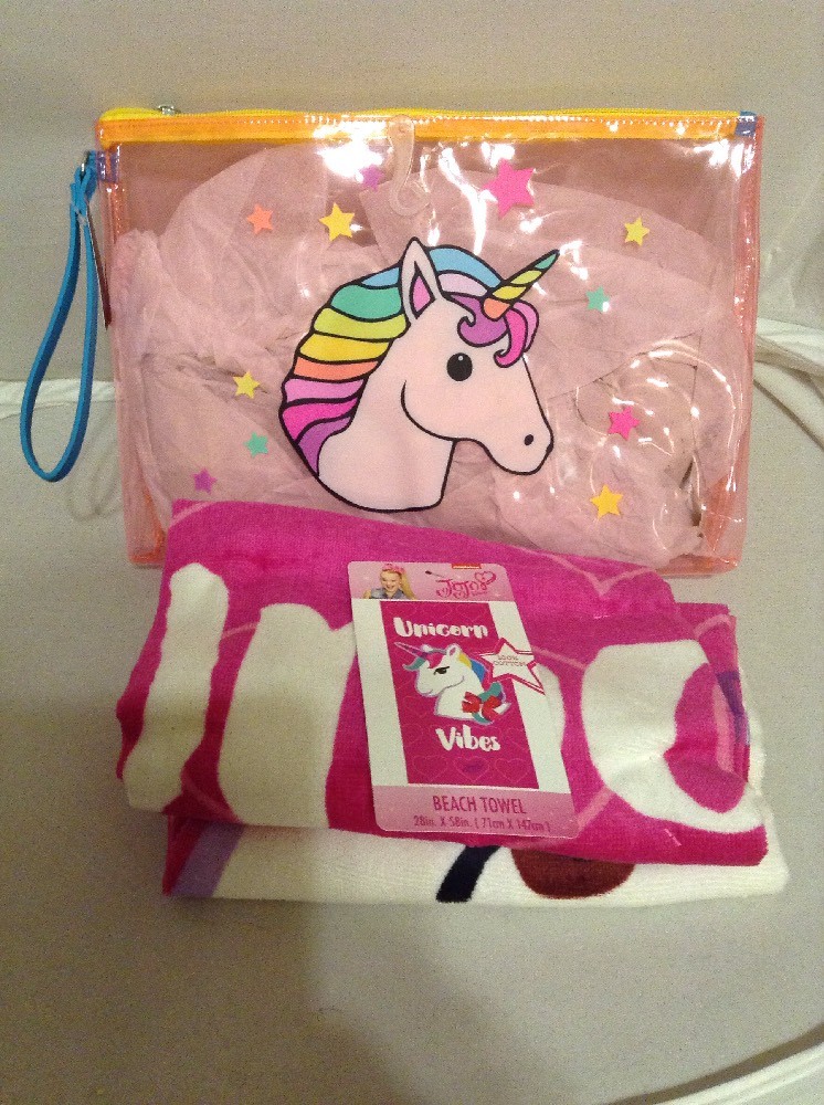 Unicorn Cotton Beach Towel (28X58) and Clear Plastic Jelly Pouch Pink(13.5X9.5)