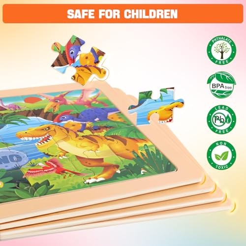 4 Packs 24 PCs Wooden Puzzles for Kids Ages 3-5, Montessori Toddler Animal