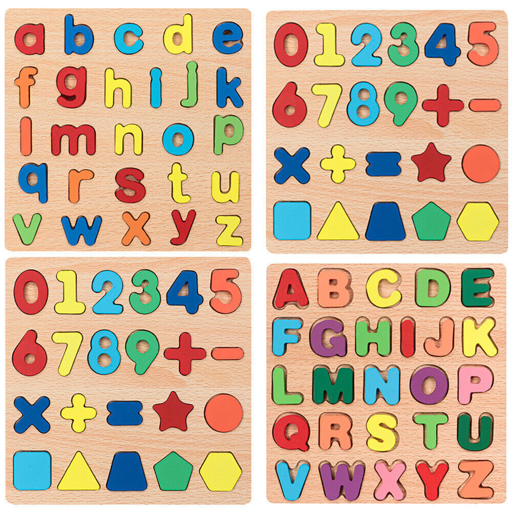 Wooden Alphabet Letters Numbers Learning Educational Jigsaw Puzzle Kids Baby Toy