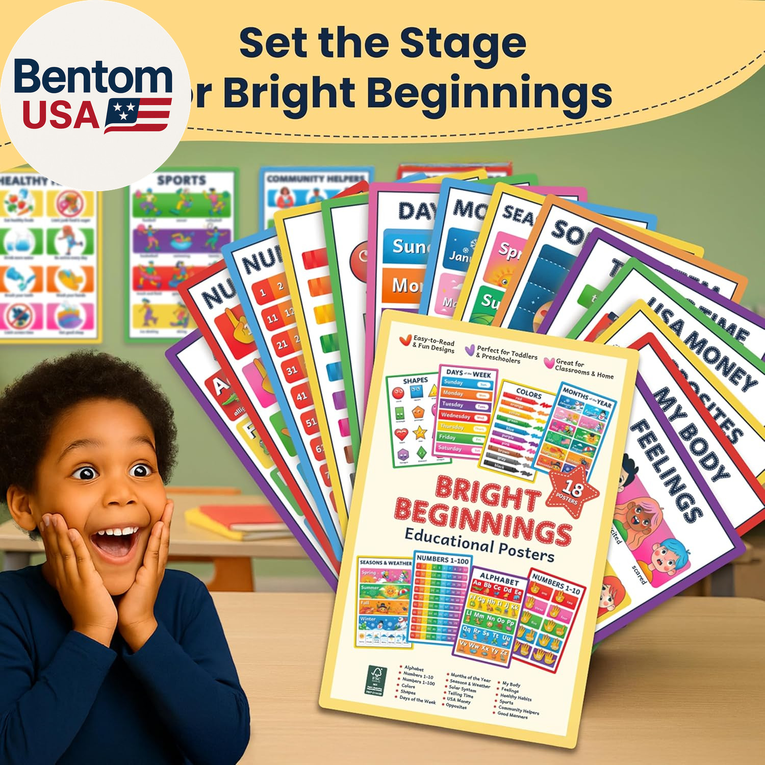 Educational Posters for Kids – 18 Laminated Preschool Posters for Classroom, Alp