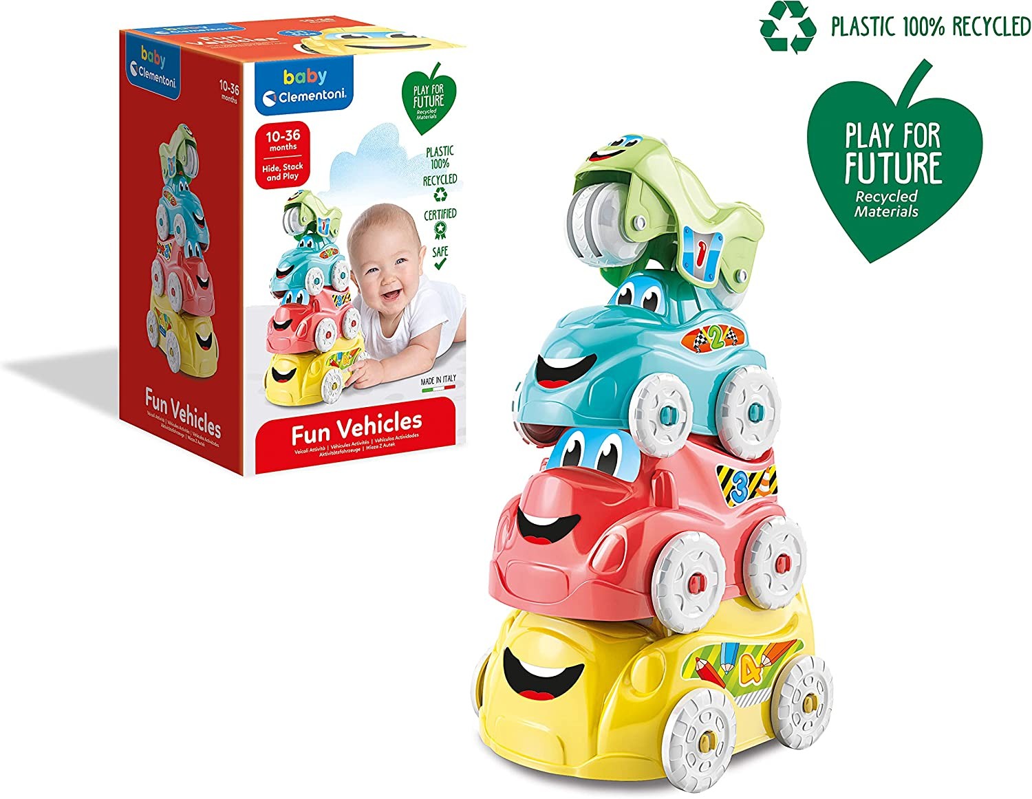 Clementoni- Stacking Vehicle Toy: 4 Piece Playset, Bus, Truck, Car & Motorbike (