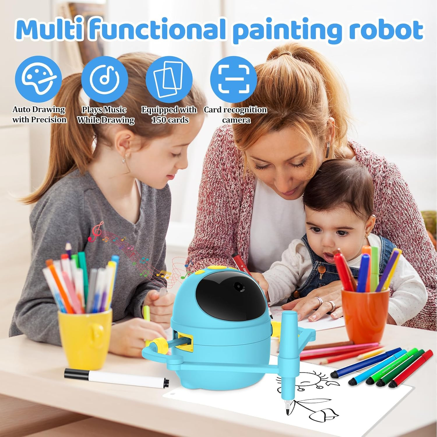Drawing Robot for Kids with Card-Sensing Camera, 150 Learning Cards and 17 Color