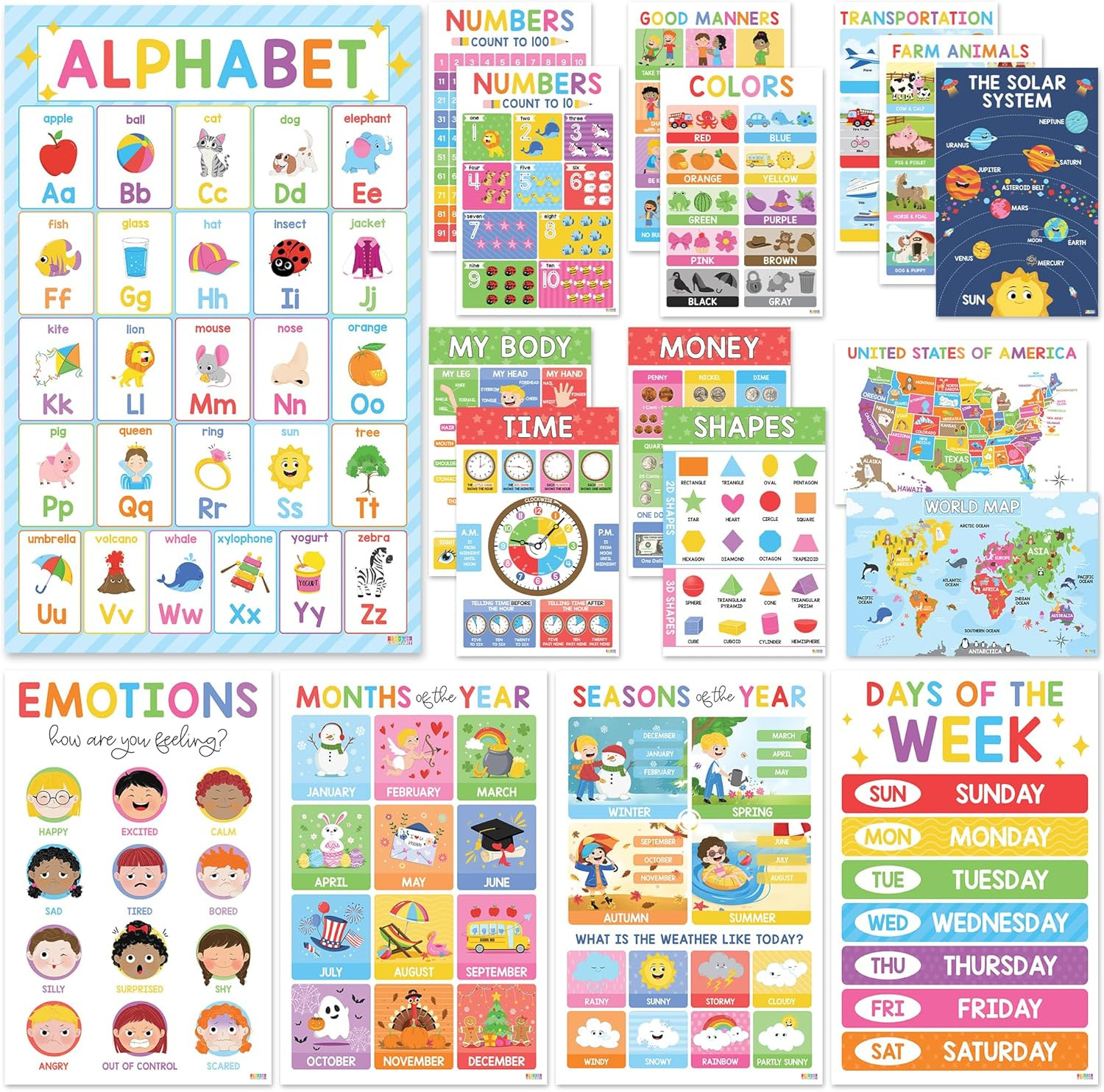 18 Laminated Educational Posters for Toddlers, Preschool Posters for Classroo…