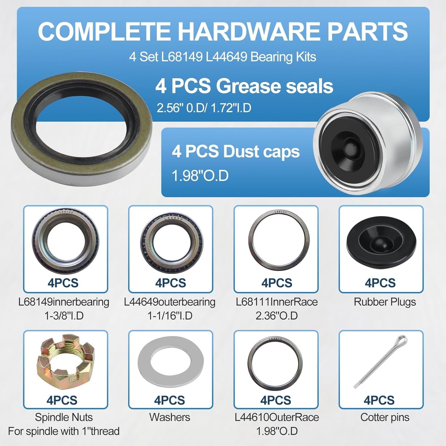 Trailer Axle Bearings Kit L68149 L44649 171255TB Grease Seals 1.98″ Trailer
