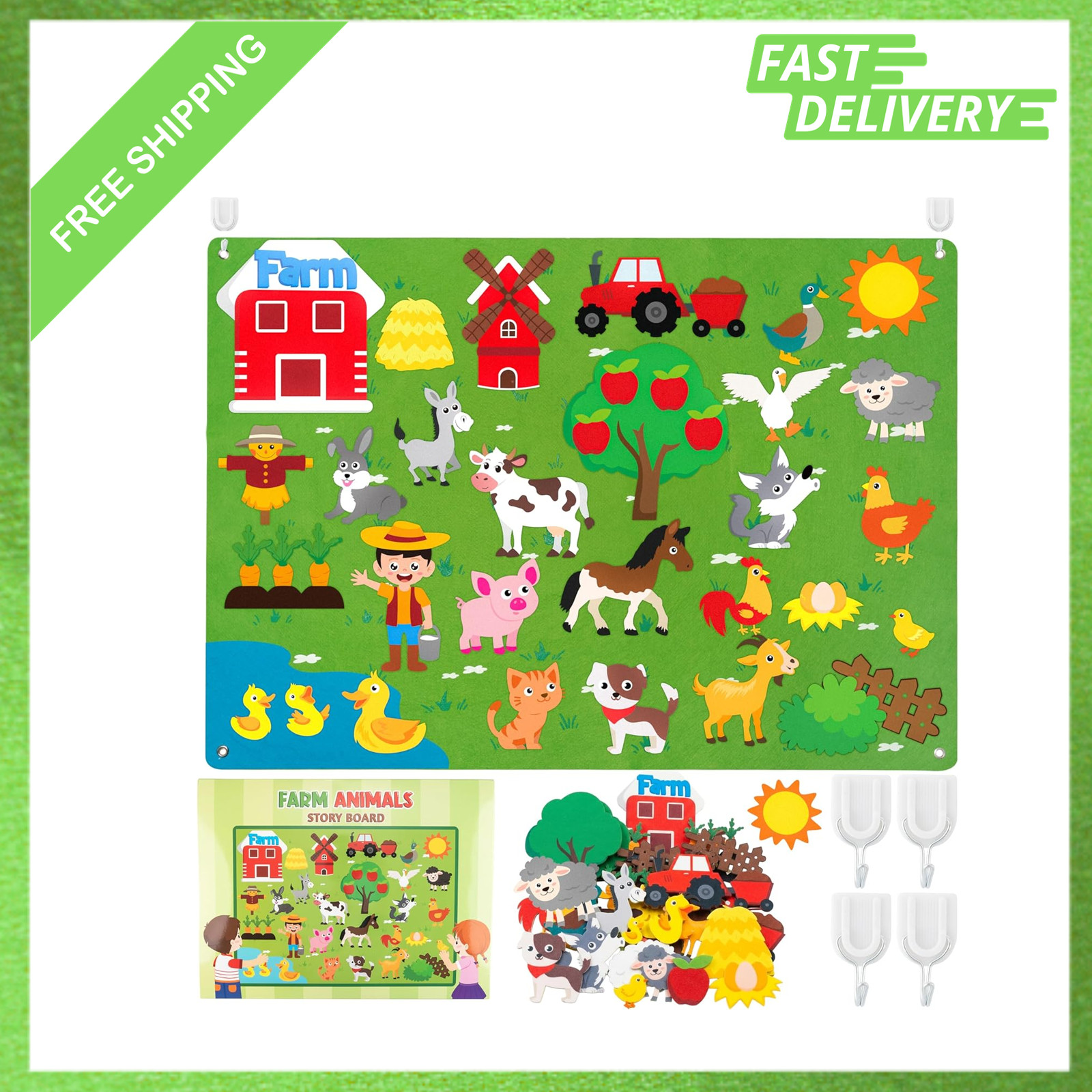 Farm Animals Felt Board Set, 38 Pieces, Flannel Barnyard Storytelling, 3.5Ft