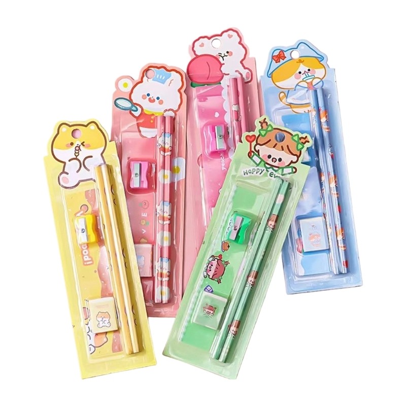 5 Pack Cartoon Wooden Pencils Kids Art Tools Eraser Sharpener Essential Set