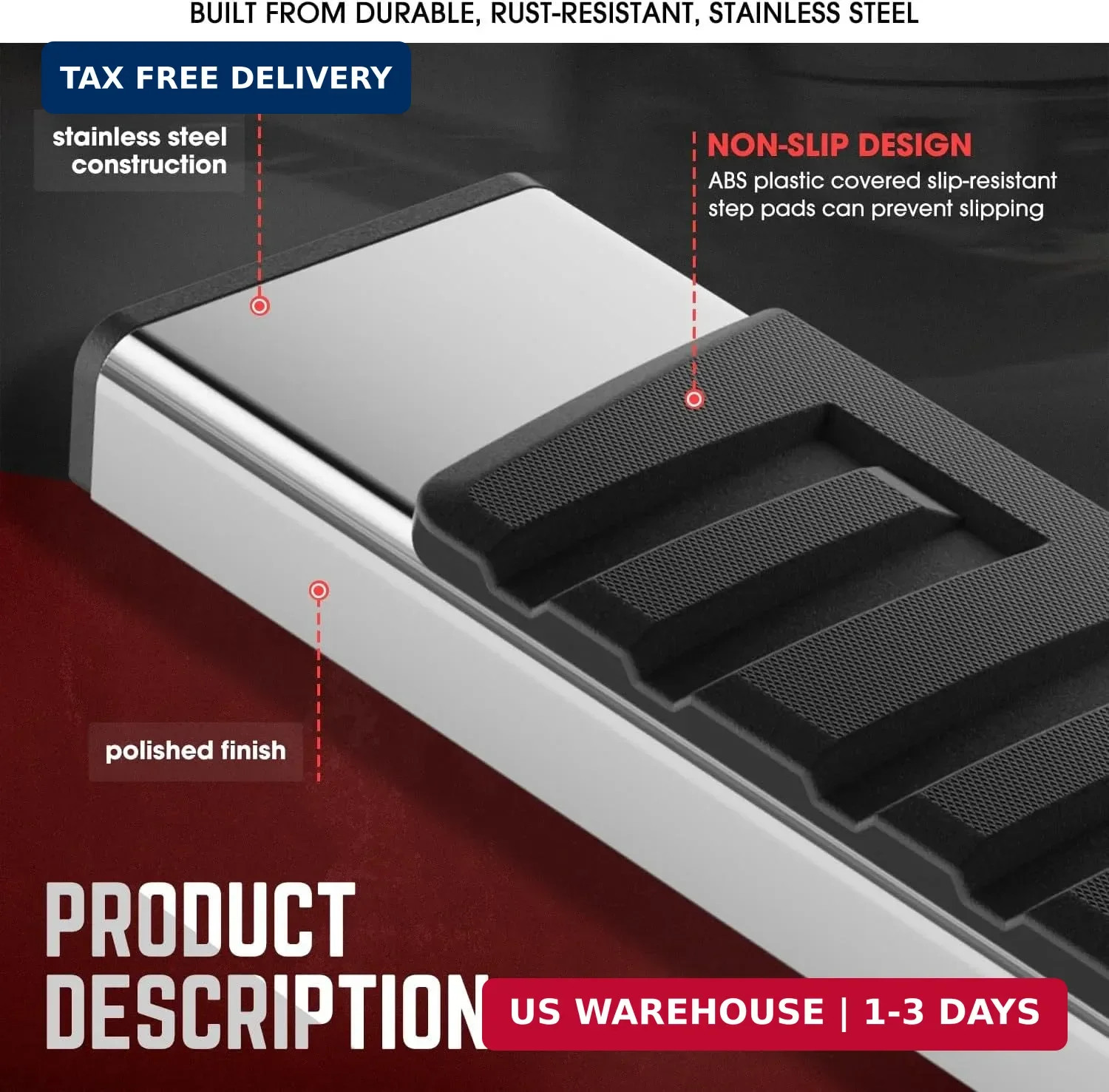 DNA Motoring 6.75″ Wide Flat Running Boards Side Step Bars Compatible with 2007-