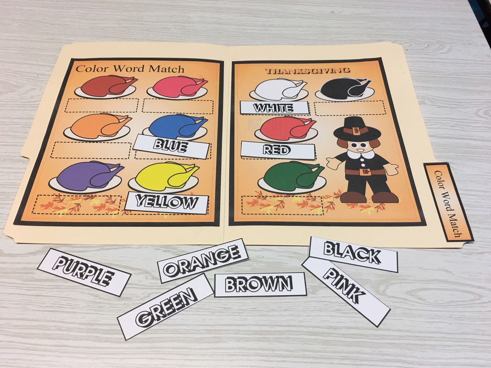 Thanksgiving – File Folder Game – Activity Set – Color Words Match