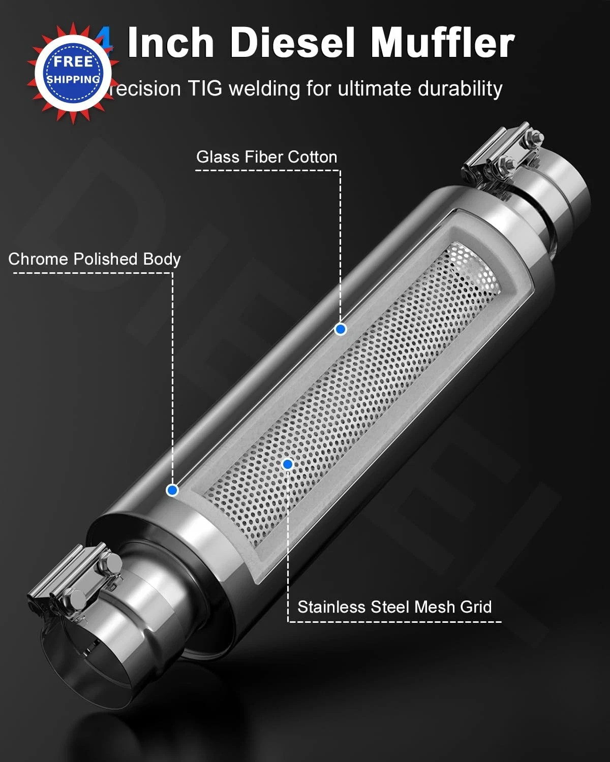 JY PERFORMANCE 4 Inch Inlet Diesel Muffler Exhaust Stainless Steel Welded
