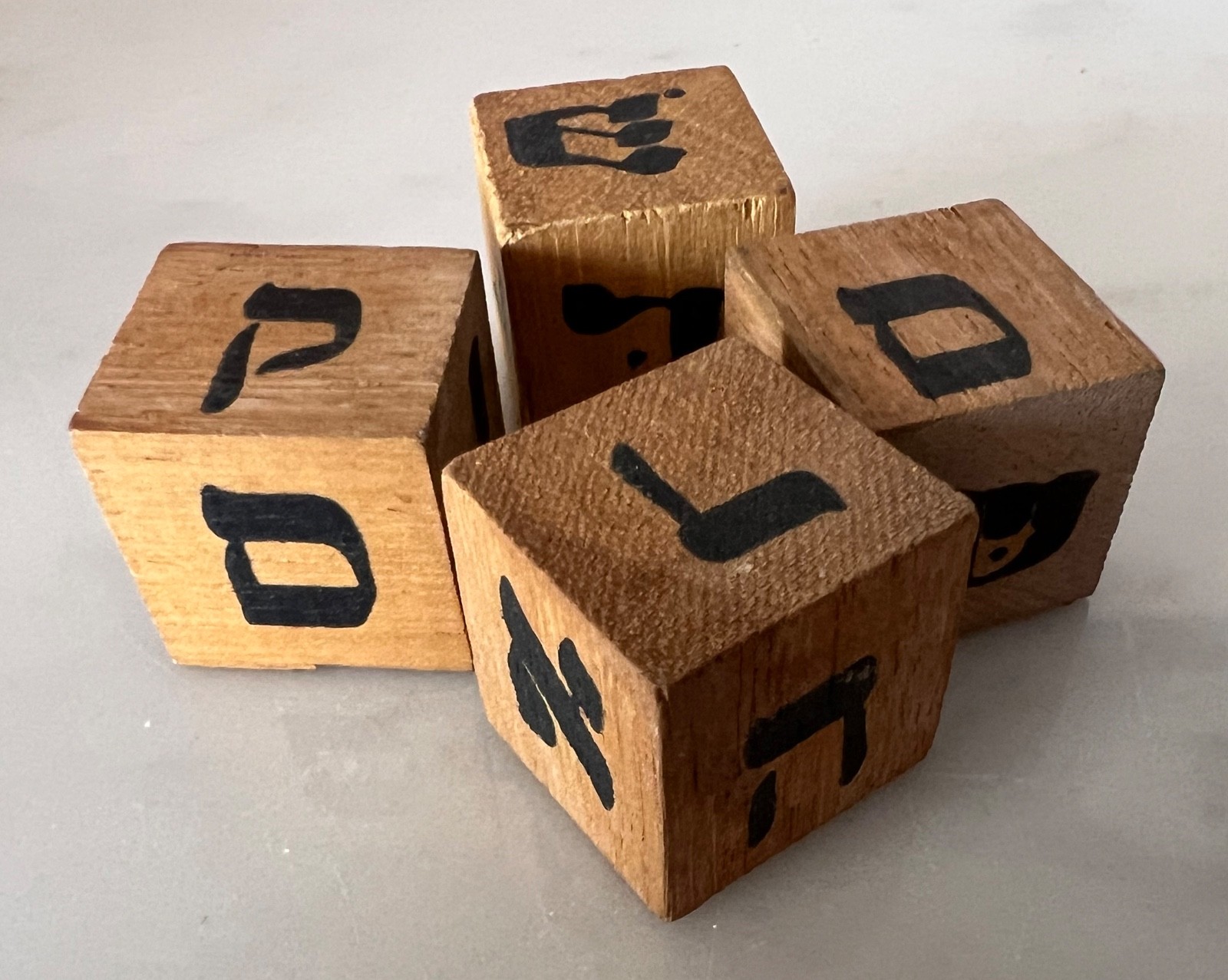 Four Vintage Hebrew Alef-Bet Wooden Blocks – for educational, game or craft use
