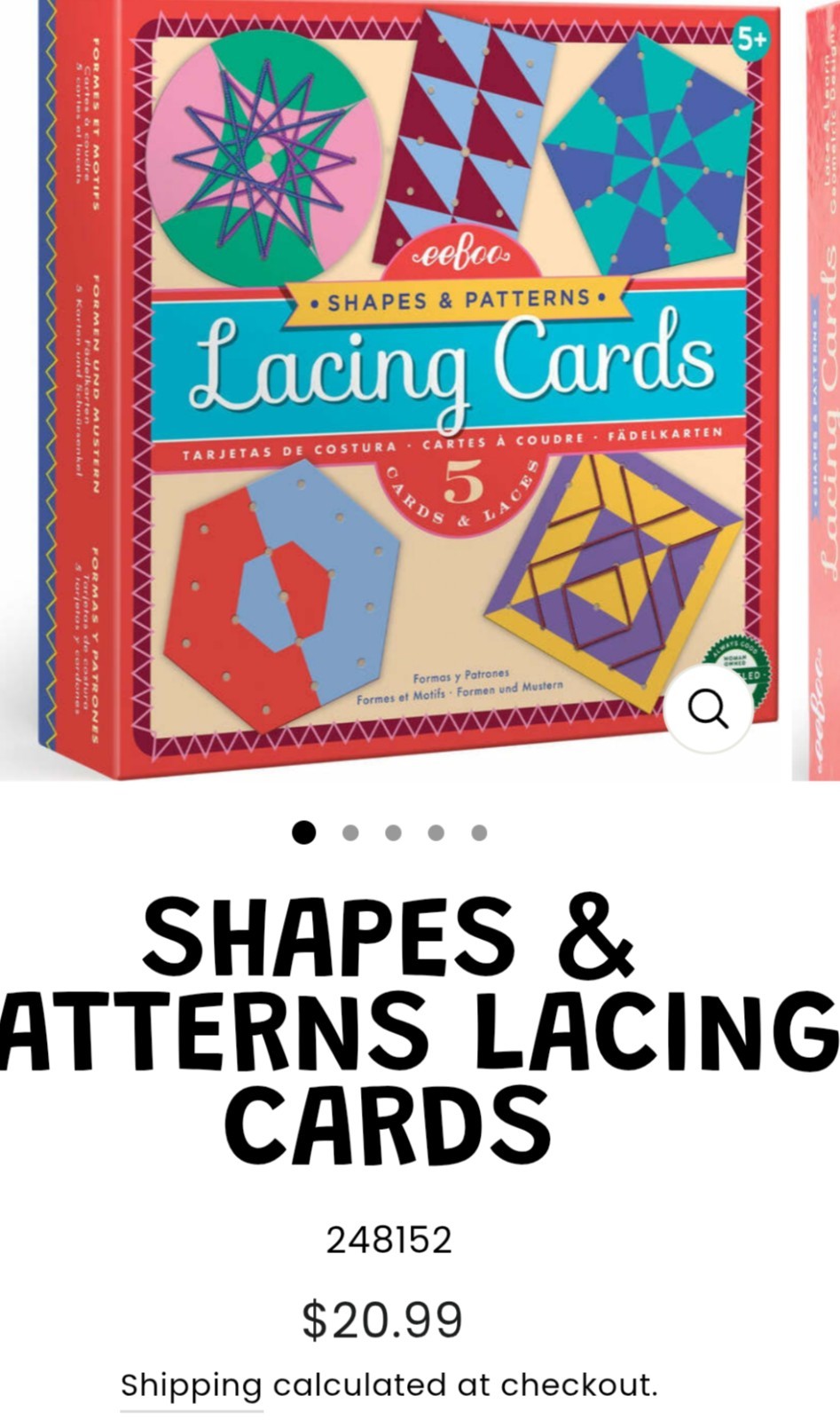 3 eeBoo Shapes & Patterns Lacing Cards Lace & Learn Geometric Designs Age 5+