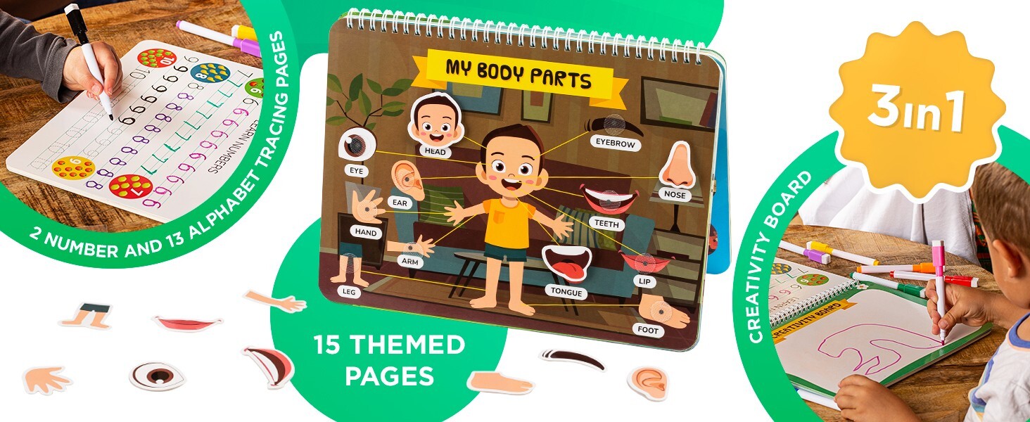 Preschool Busy Book for Toddlers 1-3-4 with 8 Colorful Markers – 30 Page Montess