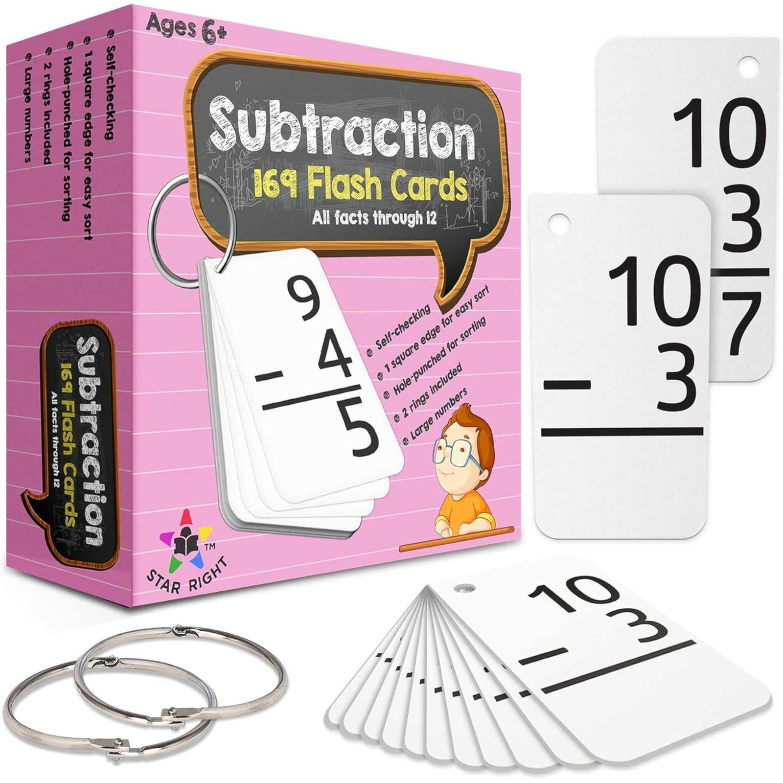 Star Right Subtraction Flashcards 2 Metal Binder Rings – 169 Self Checking