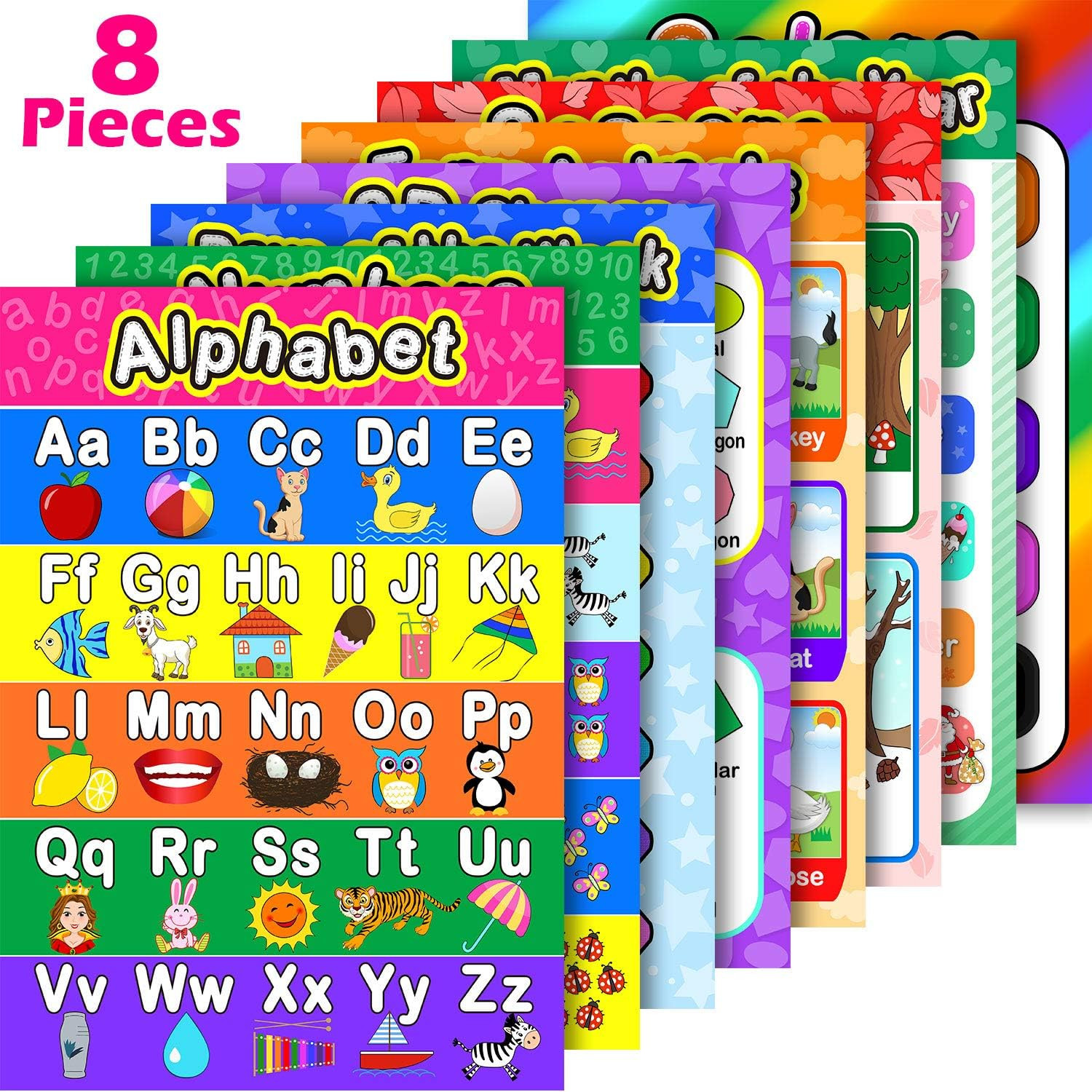 Educational Preschool Posters Set with Glue Dots, Toddler Learning, 16×11 Inch