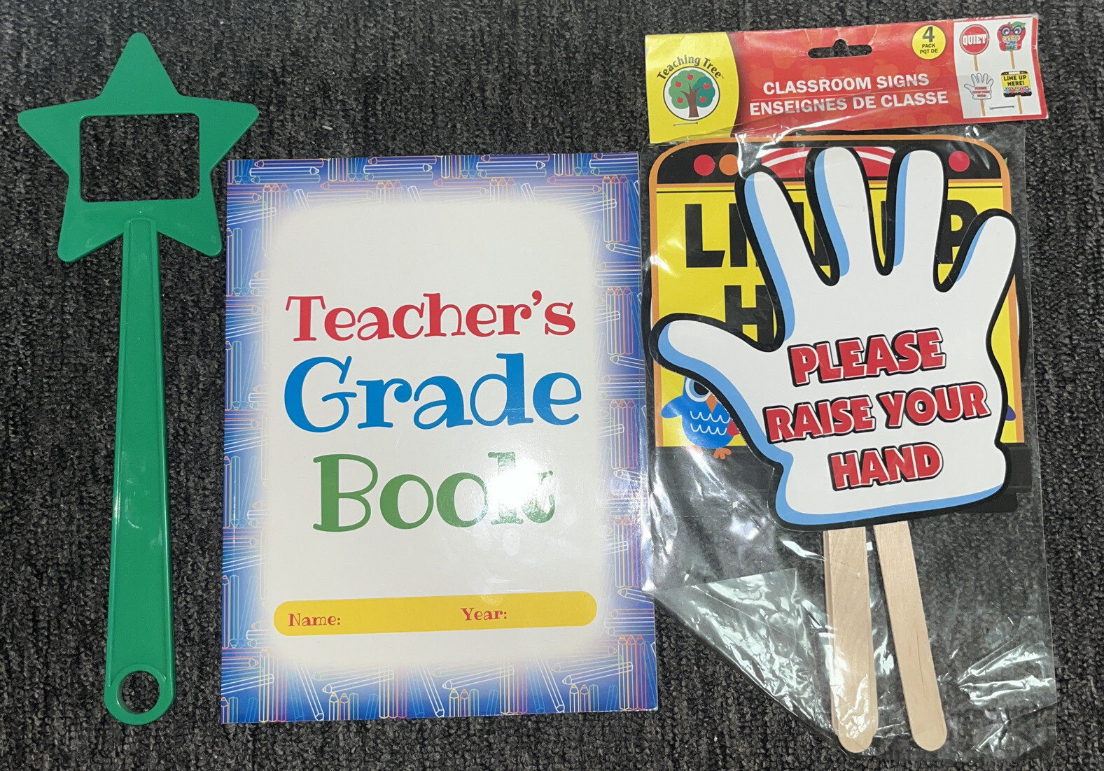 Green Classroom Word Swatter, 4 Classroom Handheld Signs & Teacher’s Grade Book