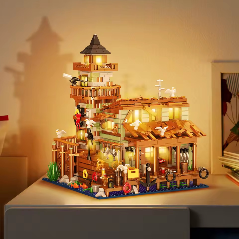 1881PCS Creative Fishing Village Cabin Building Blocks Seaport Wood House Assemb