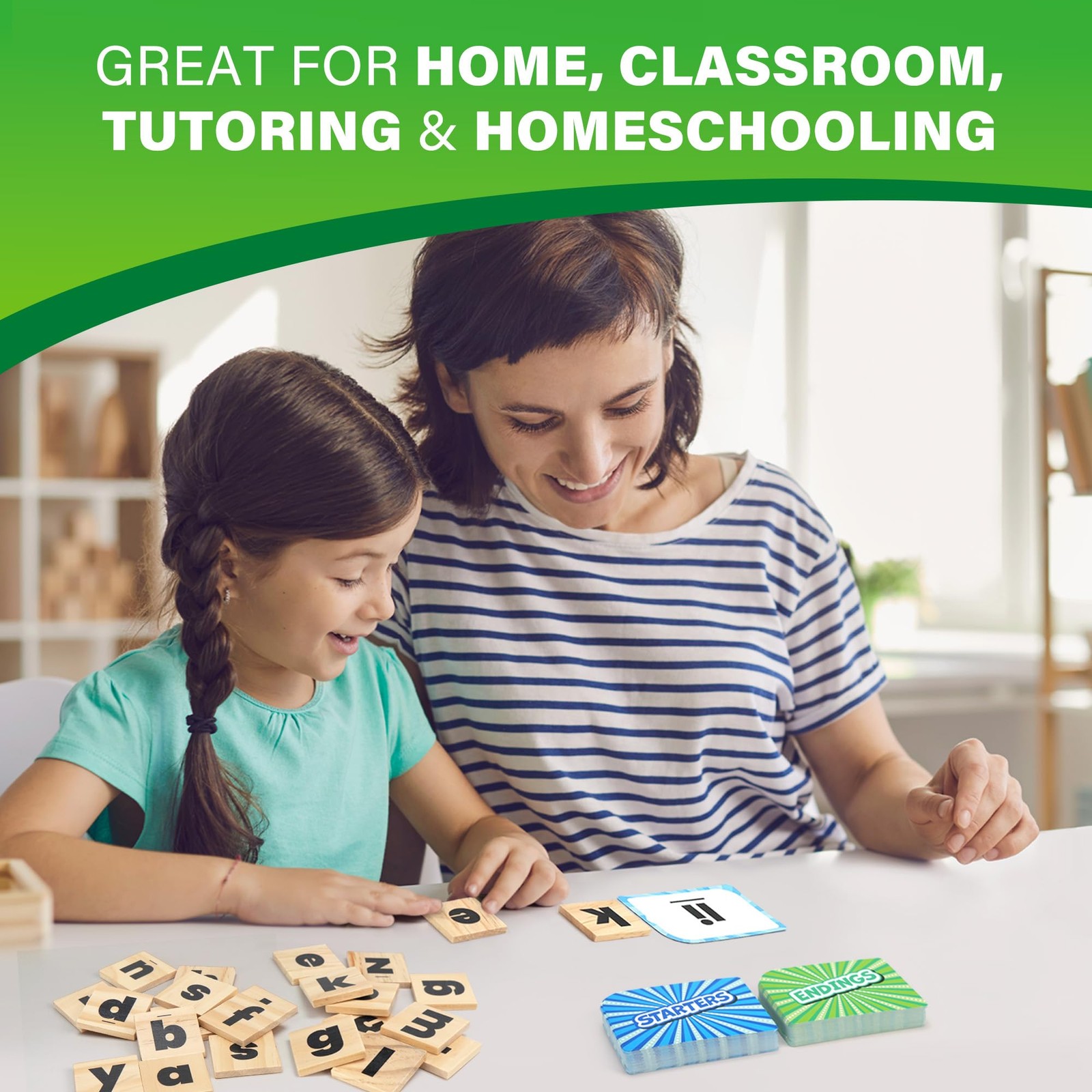 BenBen Family Spelling Games with 112 Flash Cards & Wooden Letter Tiles, CVC Sig