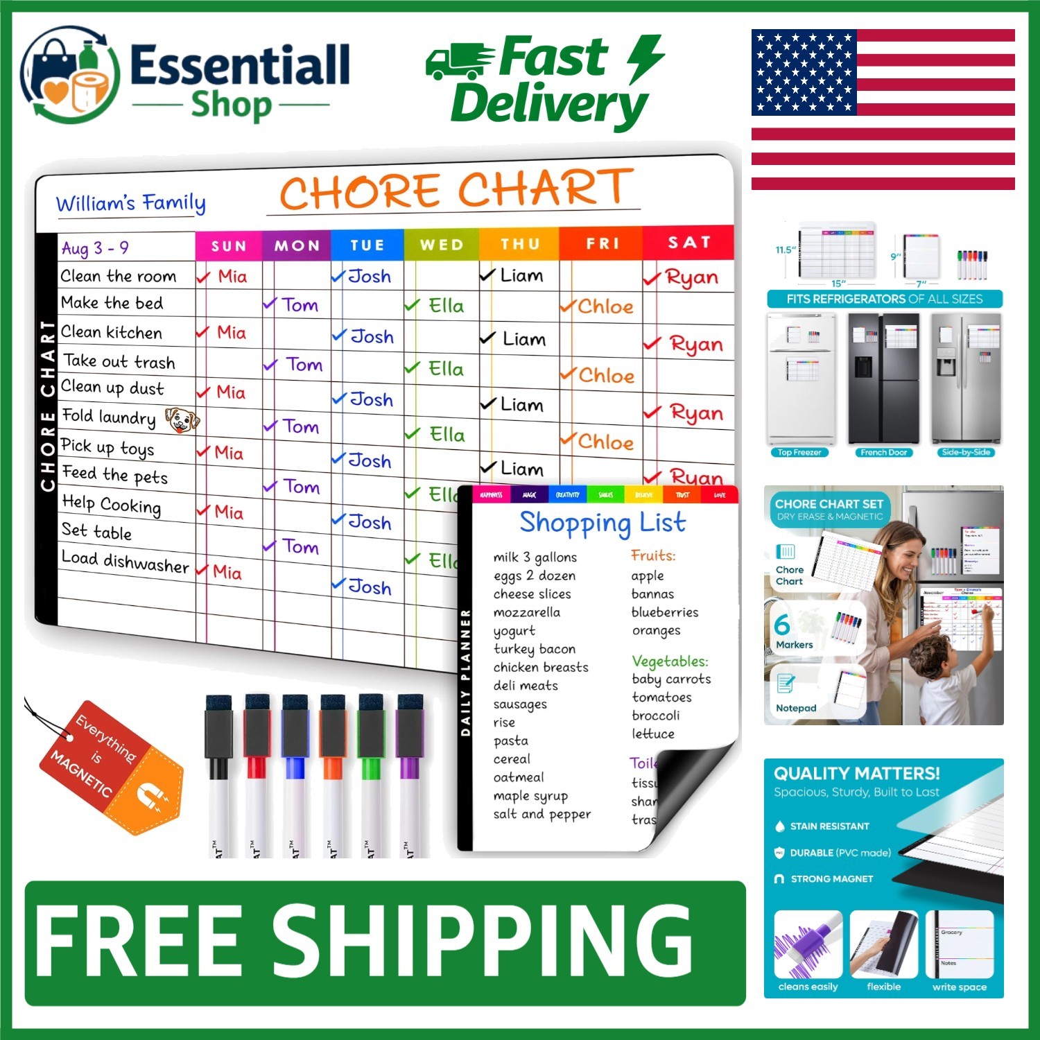All-in-One Magnetic Chore & Meal Planner Charts – Multi-User Dry Erase Set