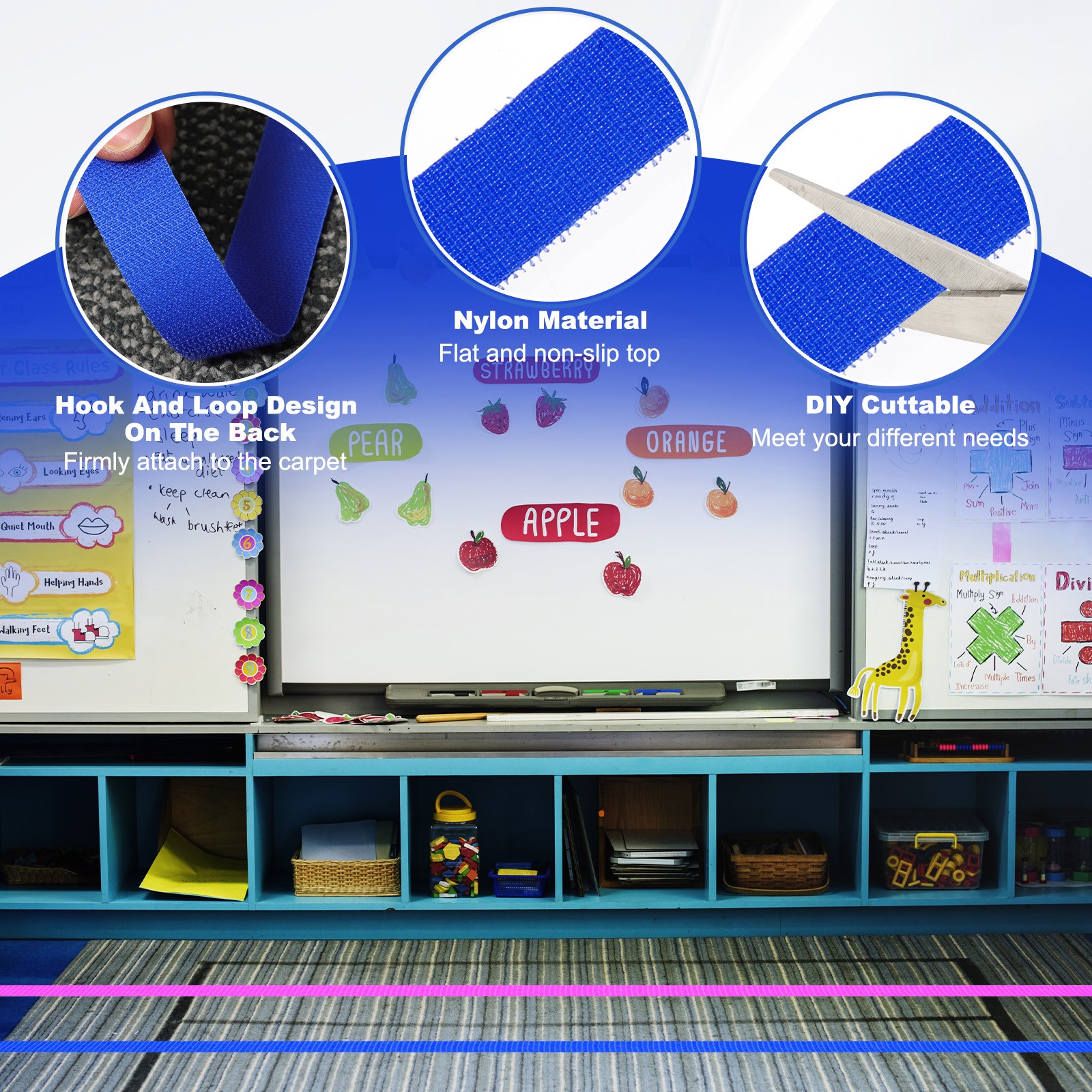 2pcs Carpet Marker Strips 0.6 Inch x 16.4 Ft, Floor Markers Nylon Strip, Blue