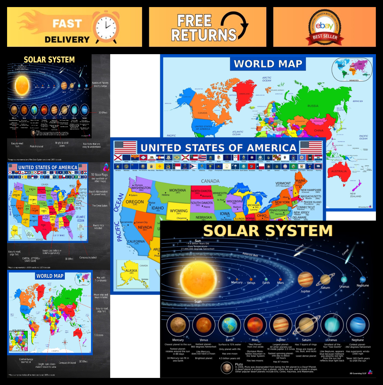 Educational World Map & US Map Poster + Solar System – Laminated 14×19.5″ – Clas
