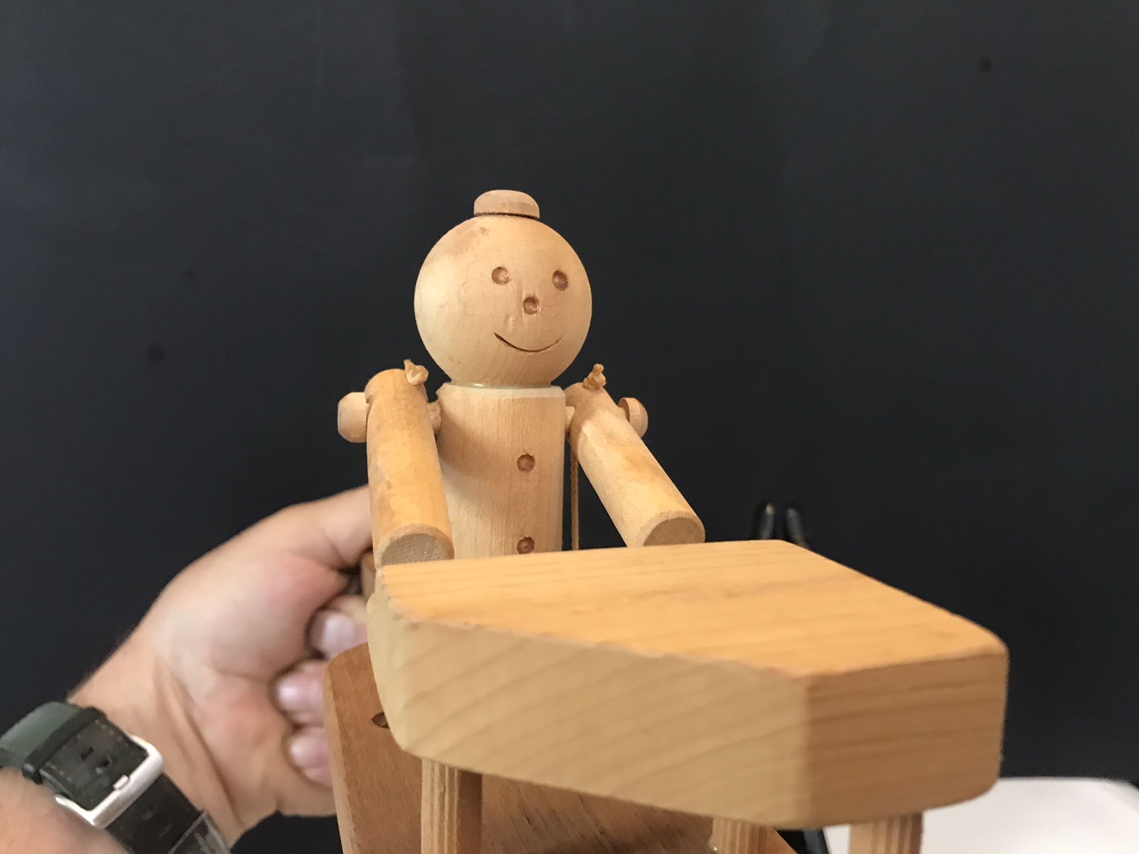 Vintage Wood Kinetic Folk art Handmade Wood Toy Women Playing Piano 1985 Signed