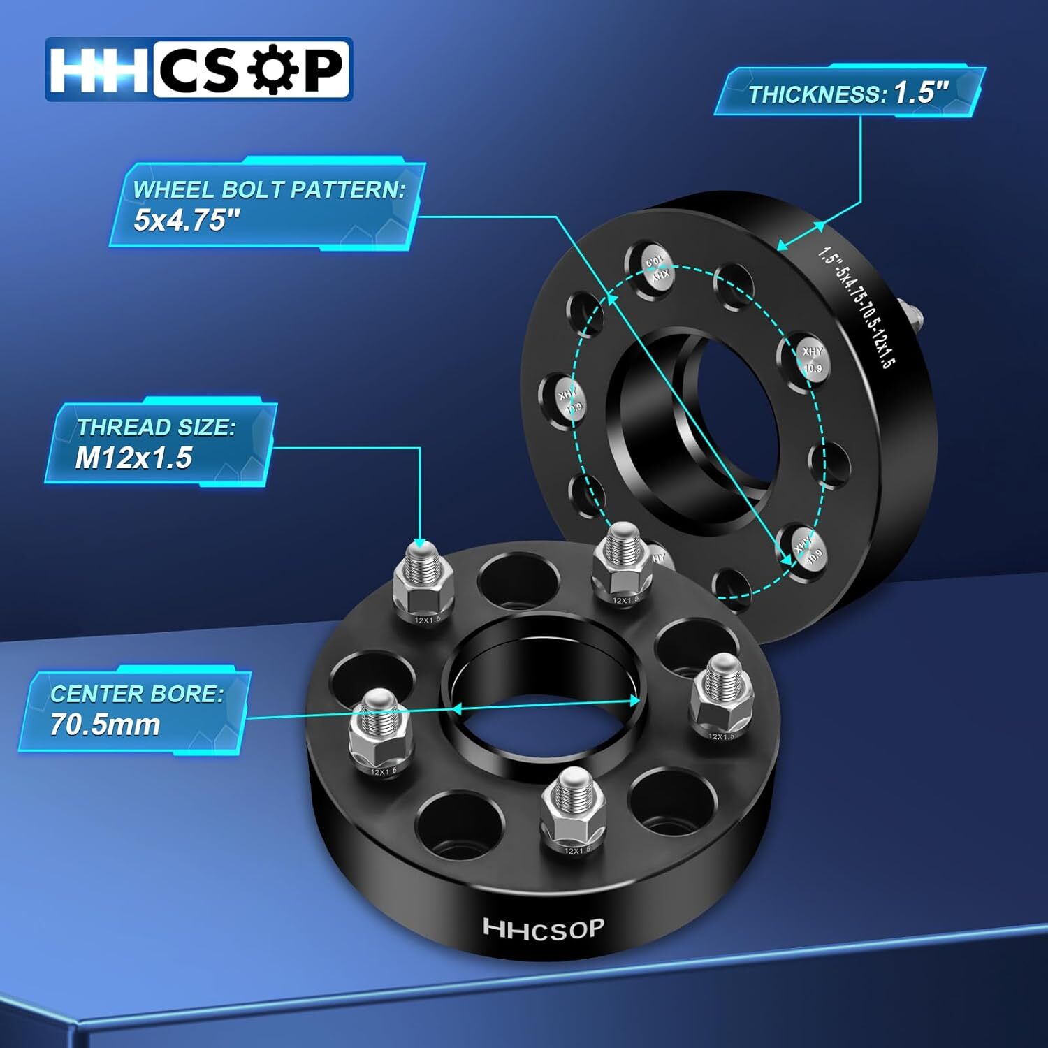5×4.75 Wheel Spacers 1.5″ (38mm) Bore 70.5mm with M12X1.5 Studs for Chevy S10