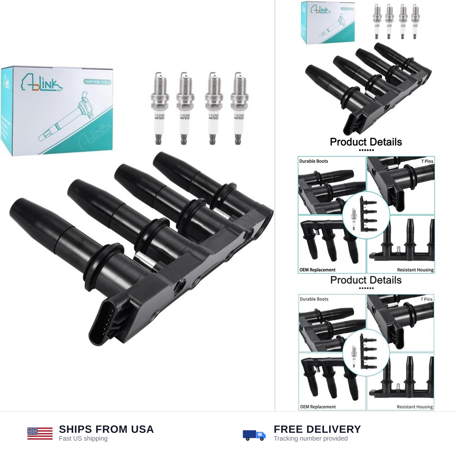 AULINK Set of 4 UF620 Ignition Coil Pack & 4504 Spark Plugs For Chevrolet/Che…