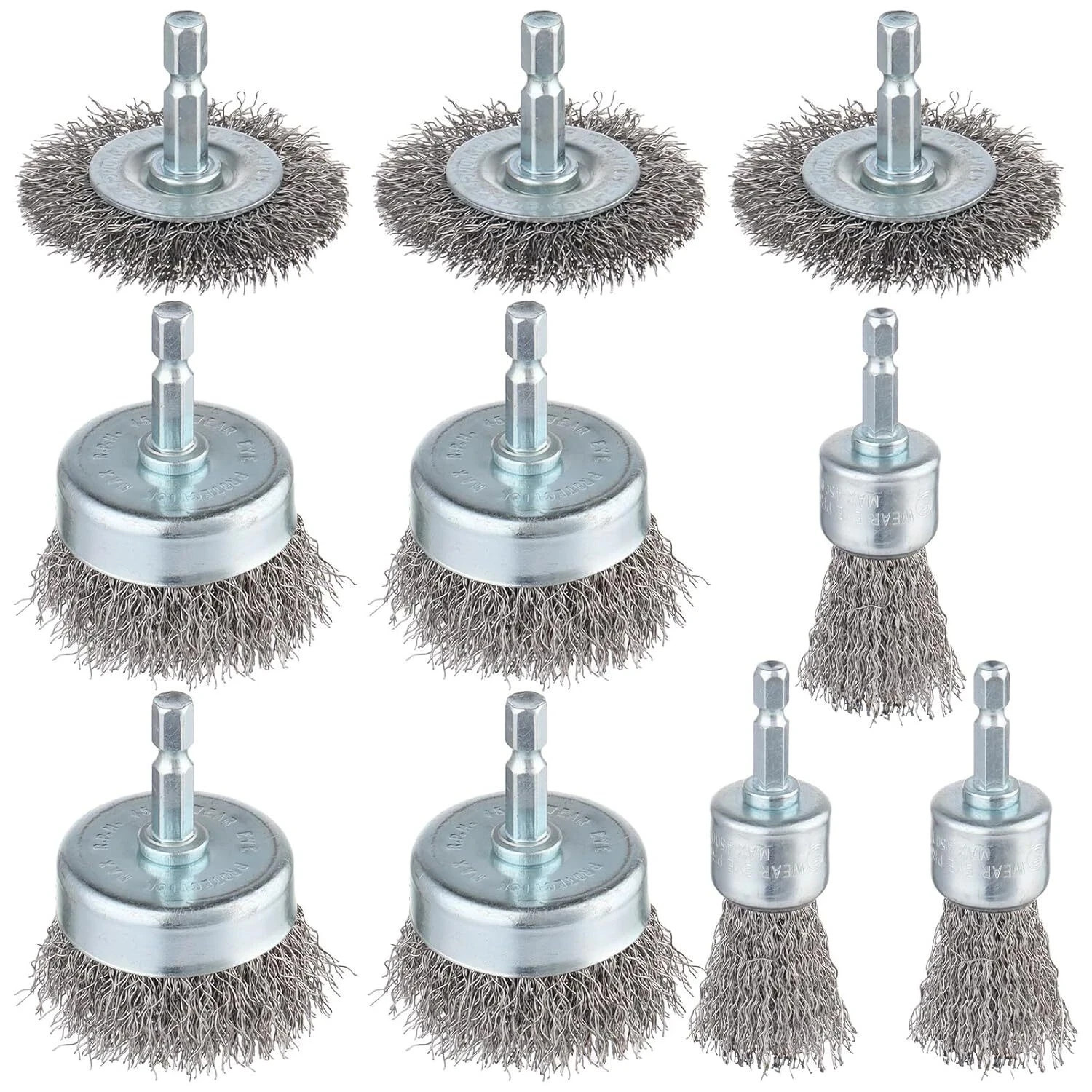 Rocaris 10-Pack Carbon Steel Wire Wheel, Cup, Pen Brush Set with 1/4-Inch Hex