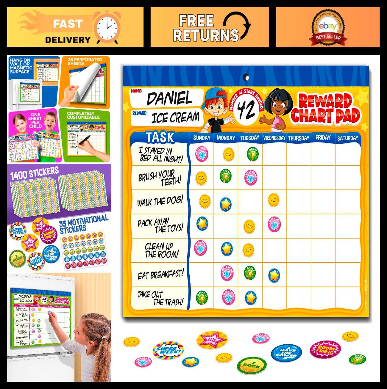 Motivational Behavior Reward Chart System – 26 Kids Chore Charts & 2800 Stickers